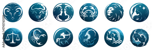 Zodiac signs icons in circular design with blue background, set