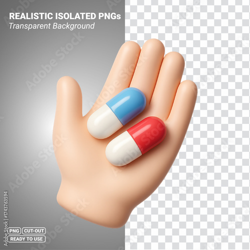 Hand Holding Two Capsules 3D Icon Transparent PNG file ready to be used.