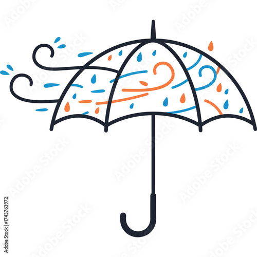Stylized Umbrella in Wind and Rain Illustration weather storm protection graphic design icon vector climate season rainy windy water