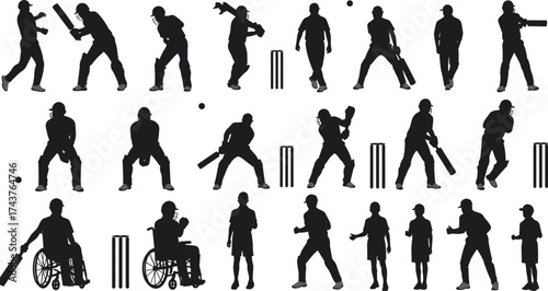 Cricket players silhouette vector set, batsman bowler fielder icons, wheelchair cricket design, sports action shapes, black outline clipart, tournament training practice elements collection