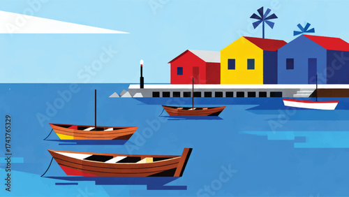 Illustration Of Sao Tome, A Small Port With Colorful Houses And Wooden Boats Vector Design Template