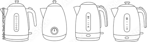 Electric kettle vector set, modern kitchen appliance illustration, stainless steel design, temperature gauge, water level indicator, isolated on white background