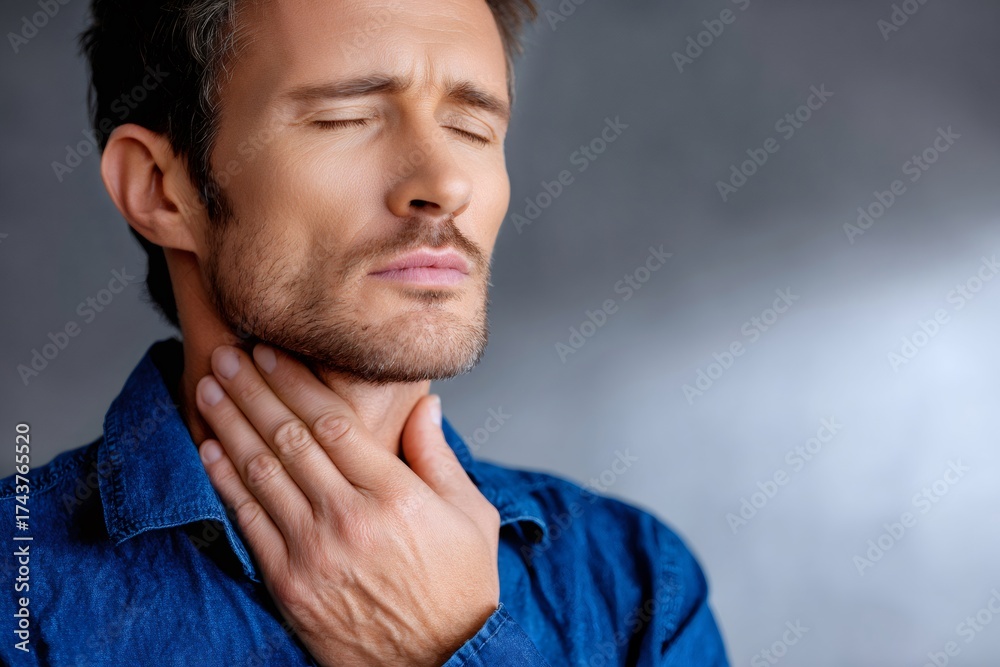 Fototapeta premium Man suffering from sore throat touching neck
