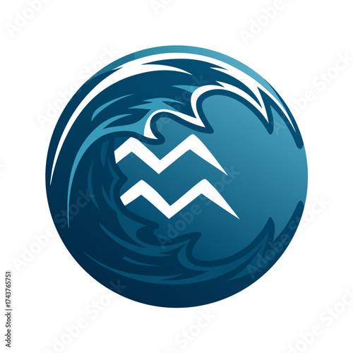 Aquarian zodiac symbol in blue gradient surrounded by waves  