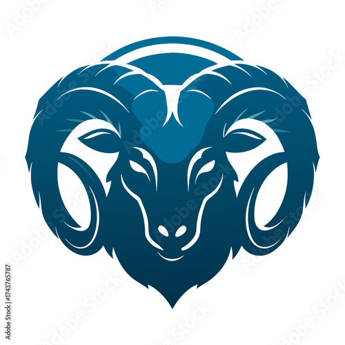 Stylized blue ram head logo with curved horns in gradient design  