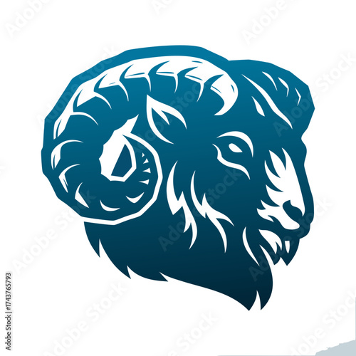 Blue ram head illustration with detailed features on white background  