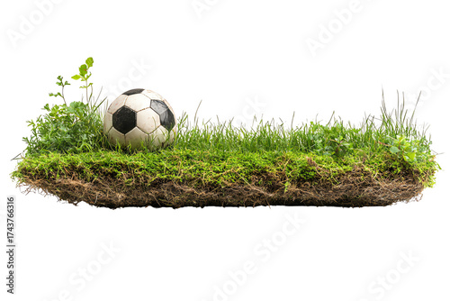 A realistic soccer ball resting on a patch of grass with a vibrant green background ideal for outdoor sports themes.