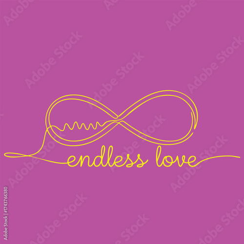 Yellow neon line art of an infinity symbol with the phrase 'endless love' on a purple , representing eternal affection and commitment