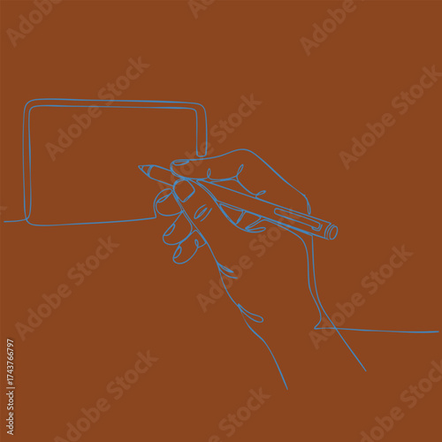 Close-up of a hand holding a stylus pen and writing on a digital tablet with a brown