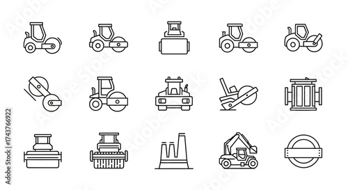 A collection of line art icons depicting construction equipment and related elements.
