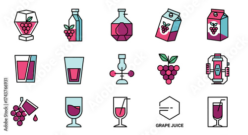 Collection of various grape juice container and glass illustrations, with different styles.