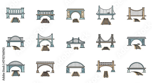 A collection of fifteen different bridge icons, each with a unique design, shown with a road leading to it.