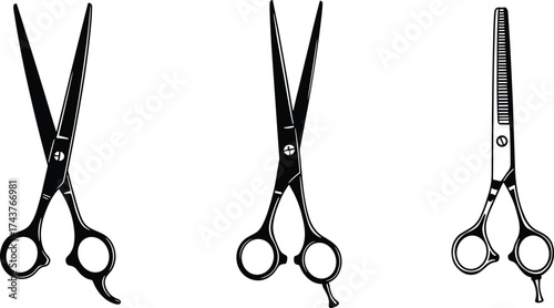 Hairdressing scissors vector set, cutting and thinning tools, black silhouette illustration, professional salon equipment, barber accessories, sharp blade design, minimal style