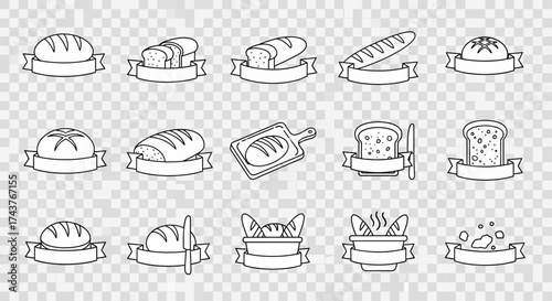 Collection of bread icons with banners, including loaves, slices, and a cutting board, in a simple line drawing style.