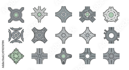 Collection of fifteen different roundabout designs in a grid arrangement, featuring various shapes and lane configurations.