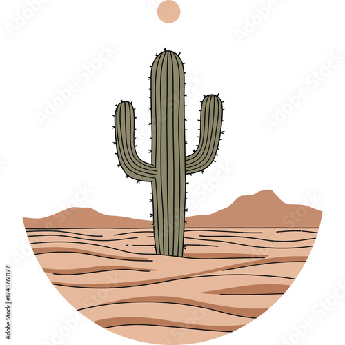 Cactus in Desert Landscape Illustration saguaro sand dunes sun minimalist earthy tones nature botanical plant arid southwest western