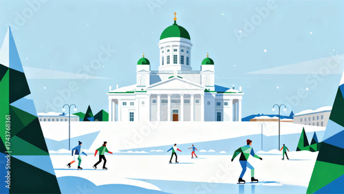Illustration Of White Helsinki Cathedral With Green Dome And Snow On The Street Of People Skating Vector Design Template