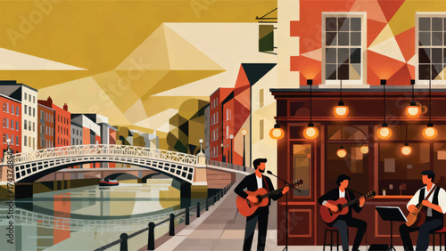 Illustration Of The River Liffey With The Ha'penny Bridge With Warm Lights And People Playing Music Vector Design Template