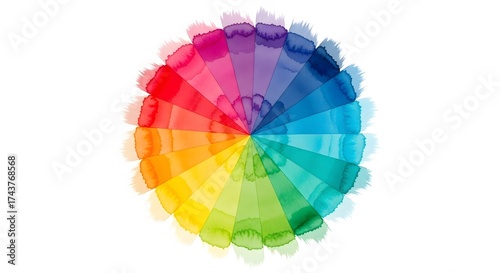 A vibrant watercolor color wheel showing the full spectrum of rainbow colors on a white background.