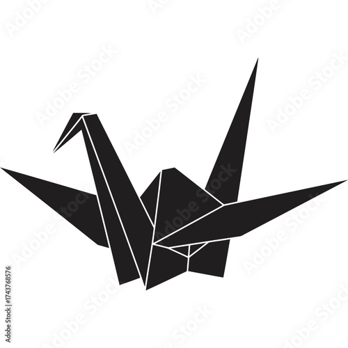 Black Origami Crane on White Background paper folding art craft japanese bird symbol design illustration geometric shape isolated