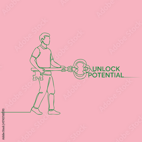 Minimalist line art of a person holding a key with the words 'Unlock Potential' on a pink