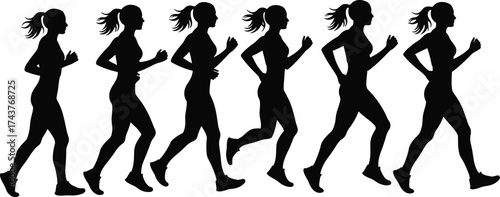 Running silhouette vector illustration, female athlete stride sequence, black and white motion study, sports biomechanics, ponytail runner, fitness movement design