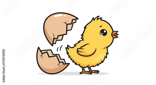 Cute yellow chick hatching from its eggshell looking curious and exploring.