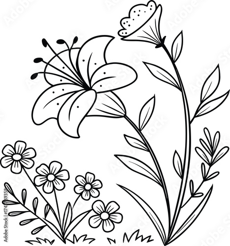"Beautiful Detailed Black and White Line Art Illustration of Spring Garden Flowers for Adult Coloring Book Design"