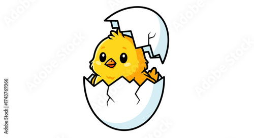 Cute cartoon chick hatching from a cracked eggshell.