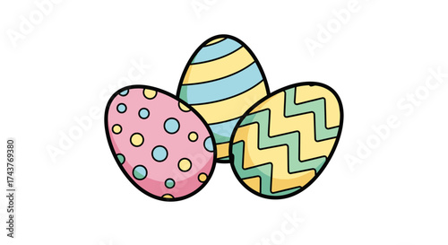 Three Decorated Easter Eggs with Stripes, Dots, and Zigzags.