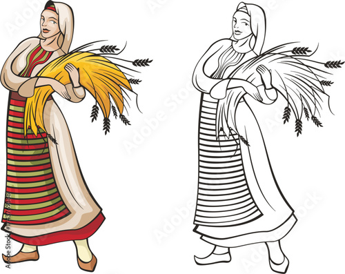 Vector Bulgarian woman in traditional folk costume. Culture and folklore traditions of Eastern and Slavic Europe, Russia, Balkans. Colorful, and ready-to-cut black and white versions included.