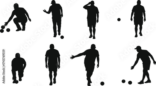 Silhouette men playing bocce ball, lawn bowling players vector illustration, outdoor leisure sport activity design, black silhouettes isolated on white background