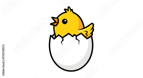 Cute yellow chick hatching from a white eggshell.
