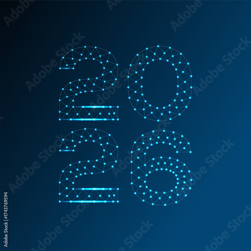 Futuristic 2026 digital design with glowing polygonal network lines, blue neon grid, technology concept, modern innovation, and cyber new year theme.