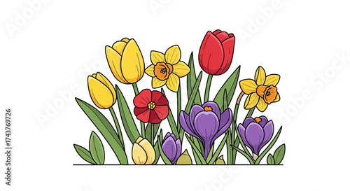 Colorful spring flowers blooming in a vibrant garden scene.