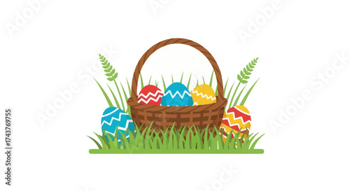 Easter basket filled with colorful eggs and green grass decoration.