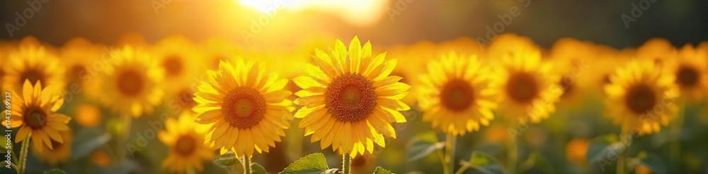 Obraz premium Golden Hour Sunflower Field Vibrant Petals Basking in Summer Sunlight, Exuding Warmth and Joyful Serenity