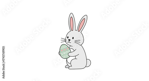 Cute cartoon white bunny rabbit holding a green Easter egg.