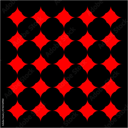 Bold red diamond patterns intersect with clustered black circles, creating a rhythmic grid of contrast, symmetry, and repeating optical geometry.