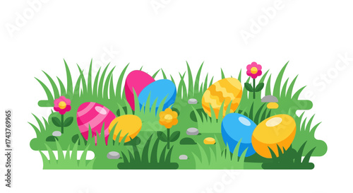 Colorful Easter Eggs Hidden in Lush Green Grass with Flowers.