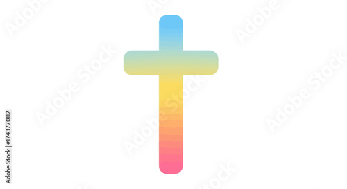 A vibrant Christian cross with a rainbow gradient effect.
