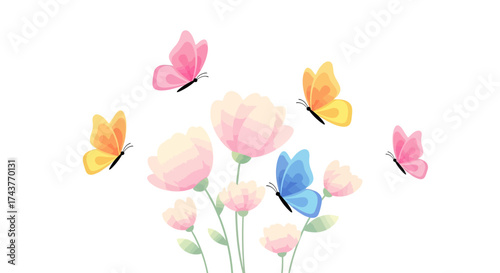 Delicate pastel butterflies flutter around soft pink floral blooms.