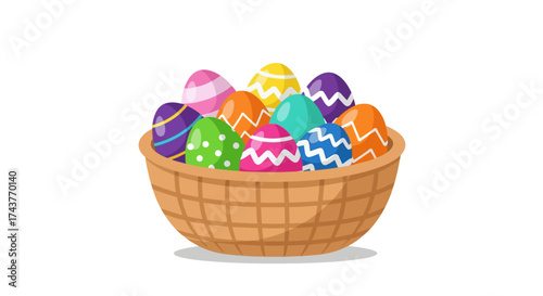 A basket overflowing with colorful and decorated Easter eggs.