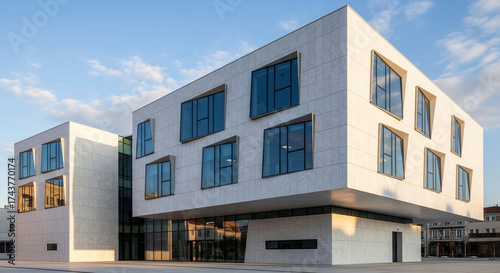 Modern architecture showcasing a cubic building with concrete facade and multiple windows against a blue sky in a residential area during daytime