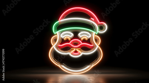 Neon Santa Claus Face on Black Background