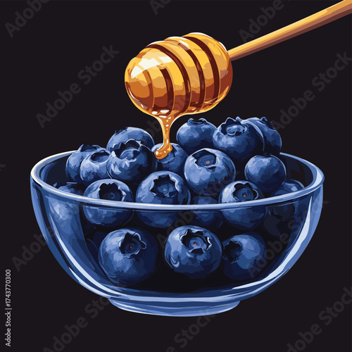 Fresh Blueberries with Honey Drizzle in Glass Bowl on Dark Background , vector style simple color