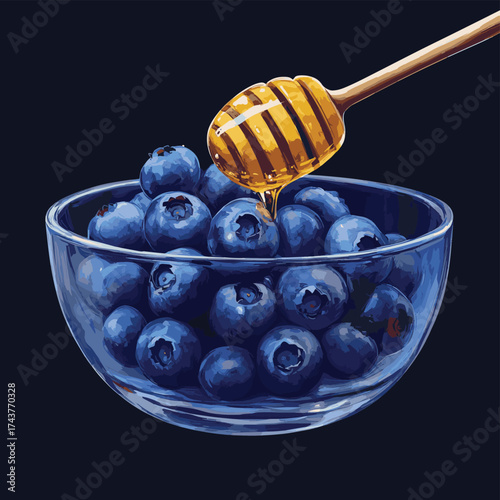 Fresh Blueberries with Honey Drizzle in Glass Bowl on Dark Background , vector style simple color