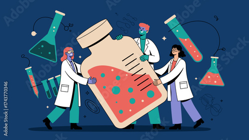 team of scientists collaborating on a large vaccine vial, vector illustration for medical research, pharmaceutical development and scientific teamwork
