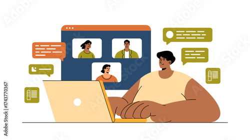 person in a video conference on a laptop, vector illustration for remote work, online communication and virtual teamwork