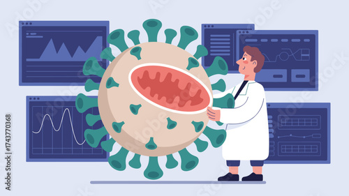 scientist studying a large virus model with data screens, vector illustration for virology research, epidemic analysis and medical science